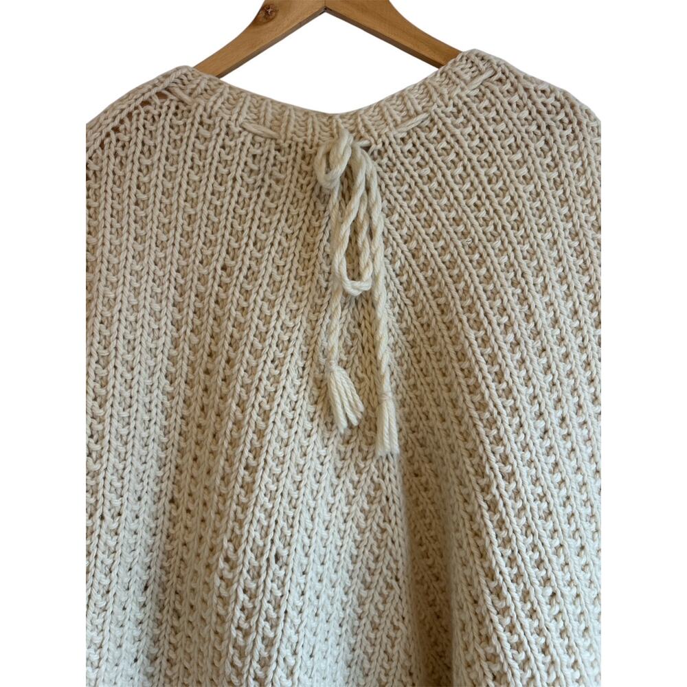 Vintage Handmade Boho Cream Chucky Knit Tasseled Poncho